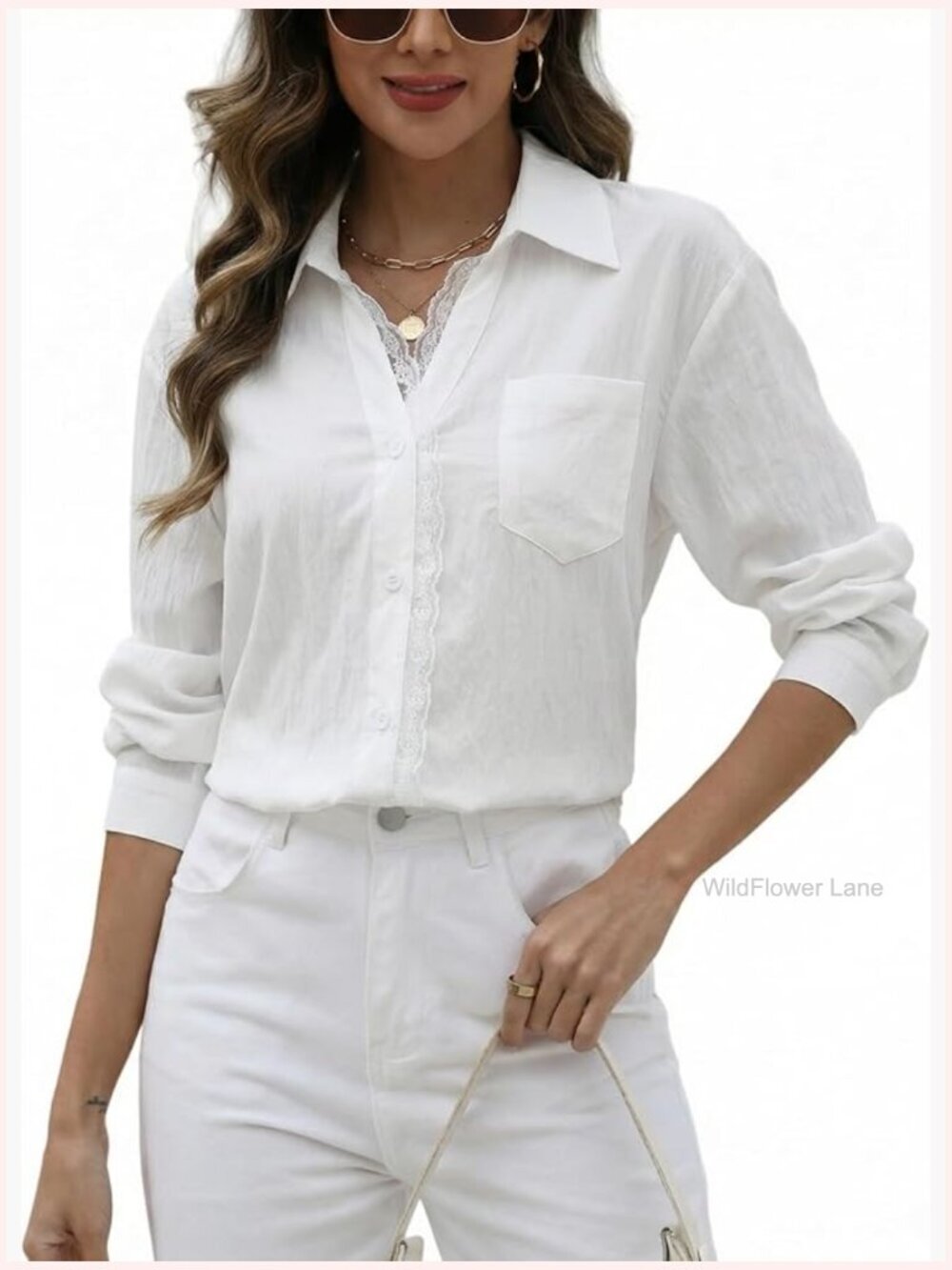 Women's V-Neck Lace Long Sleeve Button Down Blouse Dressy Work Top
